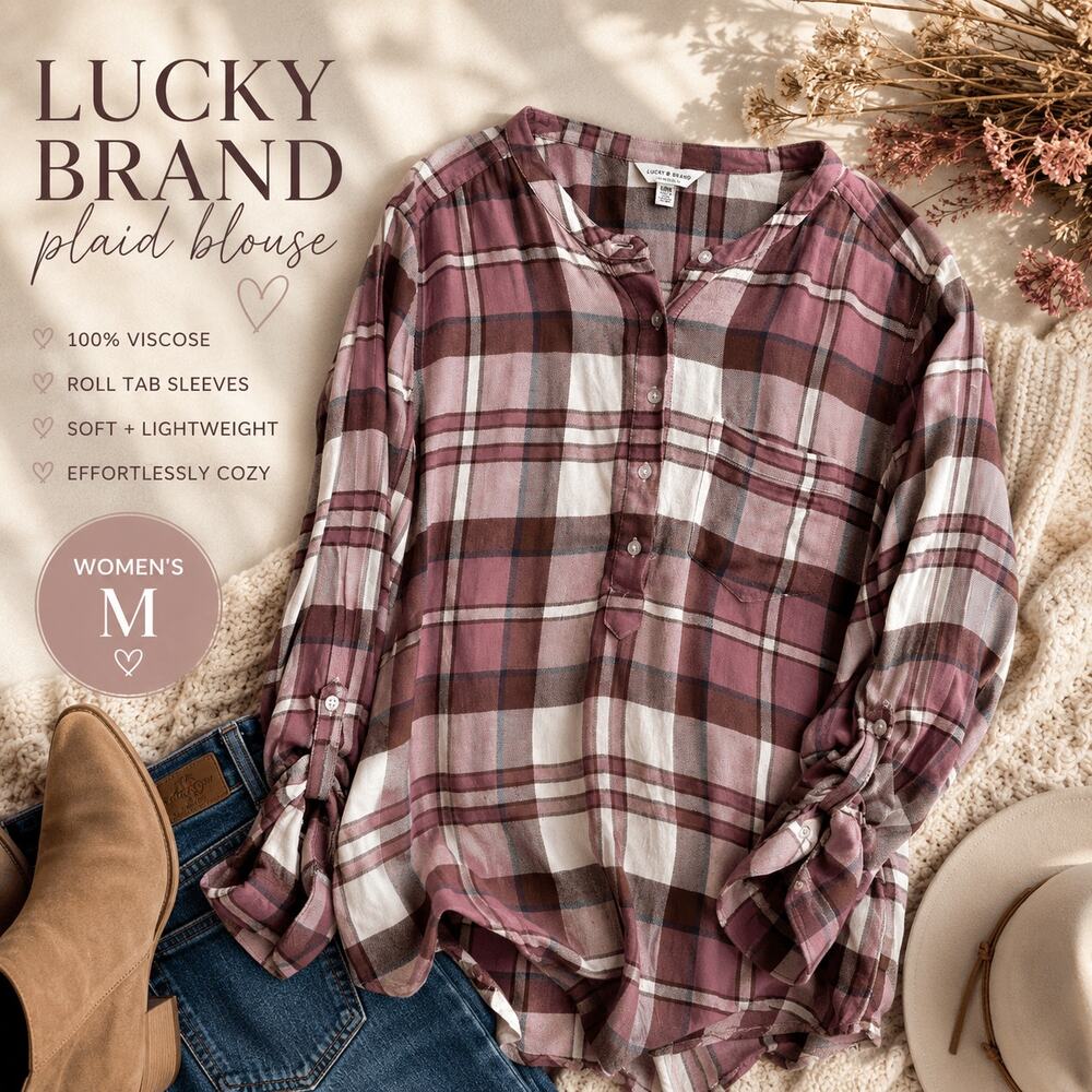 Lucky Brand Pink Plaid Popover Blouse Women’s Medium Roll Tab Long Sleeve Top